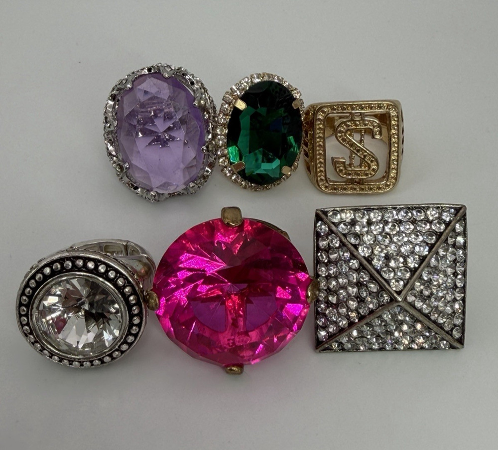 Lot of 6 Oversized Statement Cocktail Stretch Rings Fashion Chunky Ring Lot